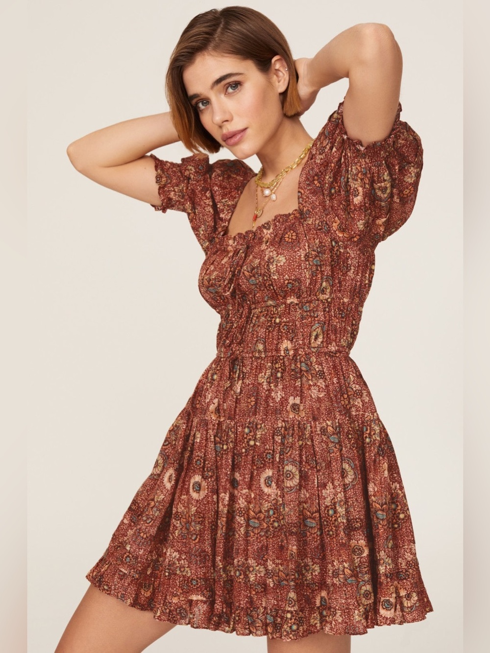 Ulla Johnson Floral Puff Sleeve Smocked Mini Dress Brown Print 4 Boho Romantic - Picture 3 of 16